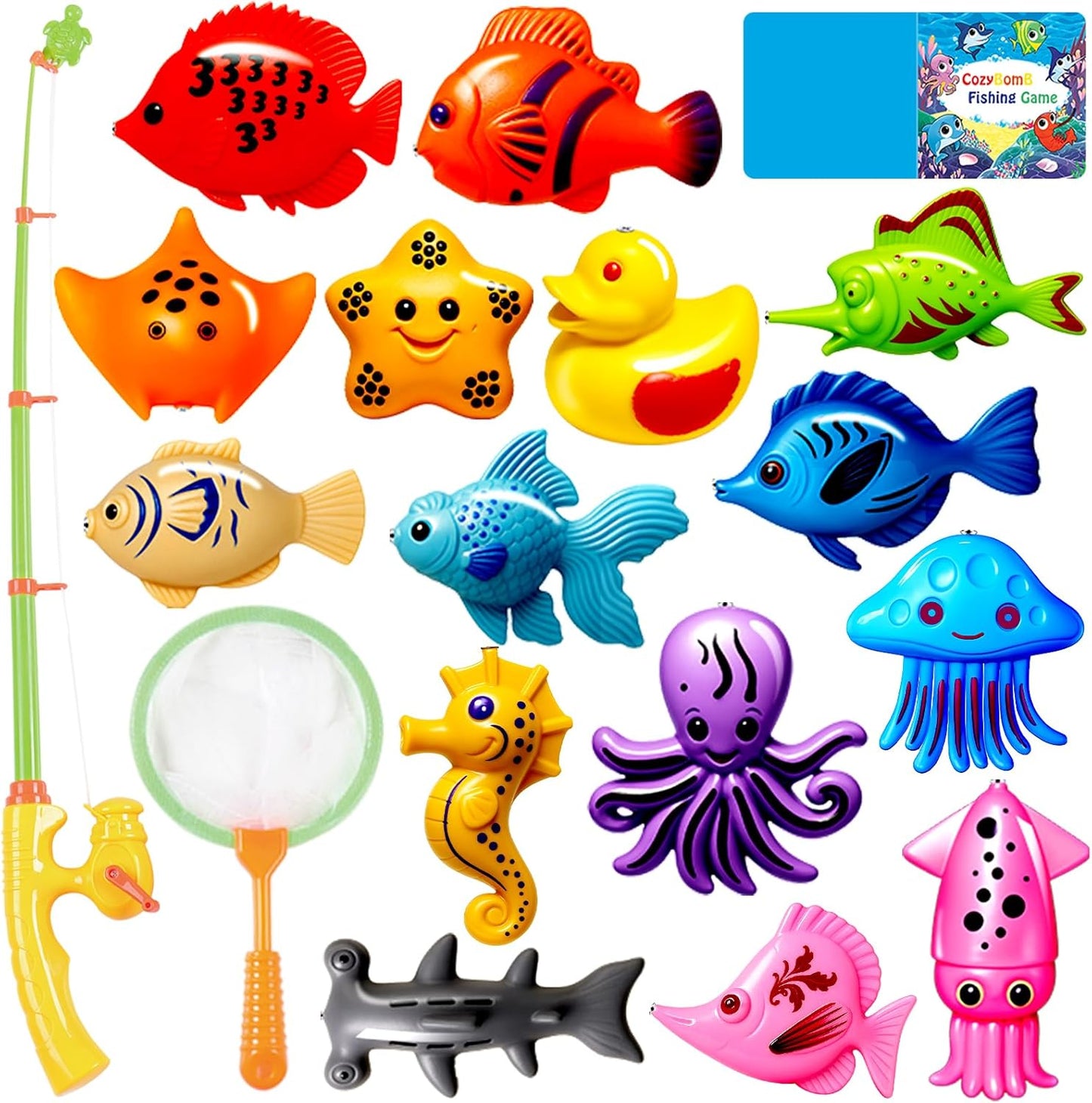 CozyBomB™ Kids Fishing Bath Toys Game | Magnetic Floating Toy Magnet Pole Rod Net, Plastic Floating Fish Toddler Pool Education Teaching and Learning Colors Birthday Age 3 4 5 6 Year