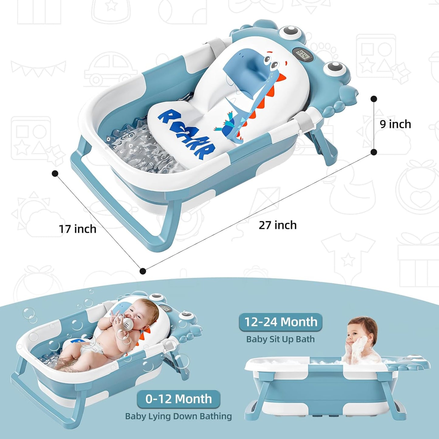 Collapsible Baby Bathtub for Newborns to Toddler with Real-time Temp Monitor & Floating Cushion,Portable Travel Tub for 0-36 Month, Foldable Baby Bath Tub for Infants Boy (Light Blue)