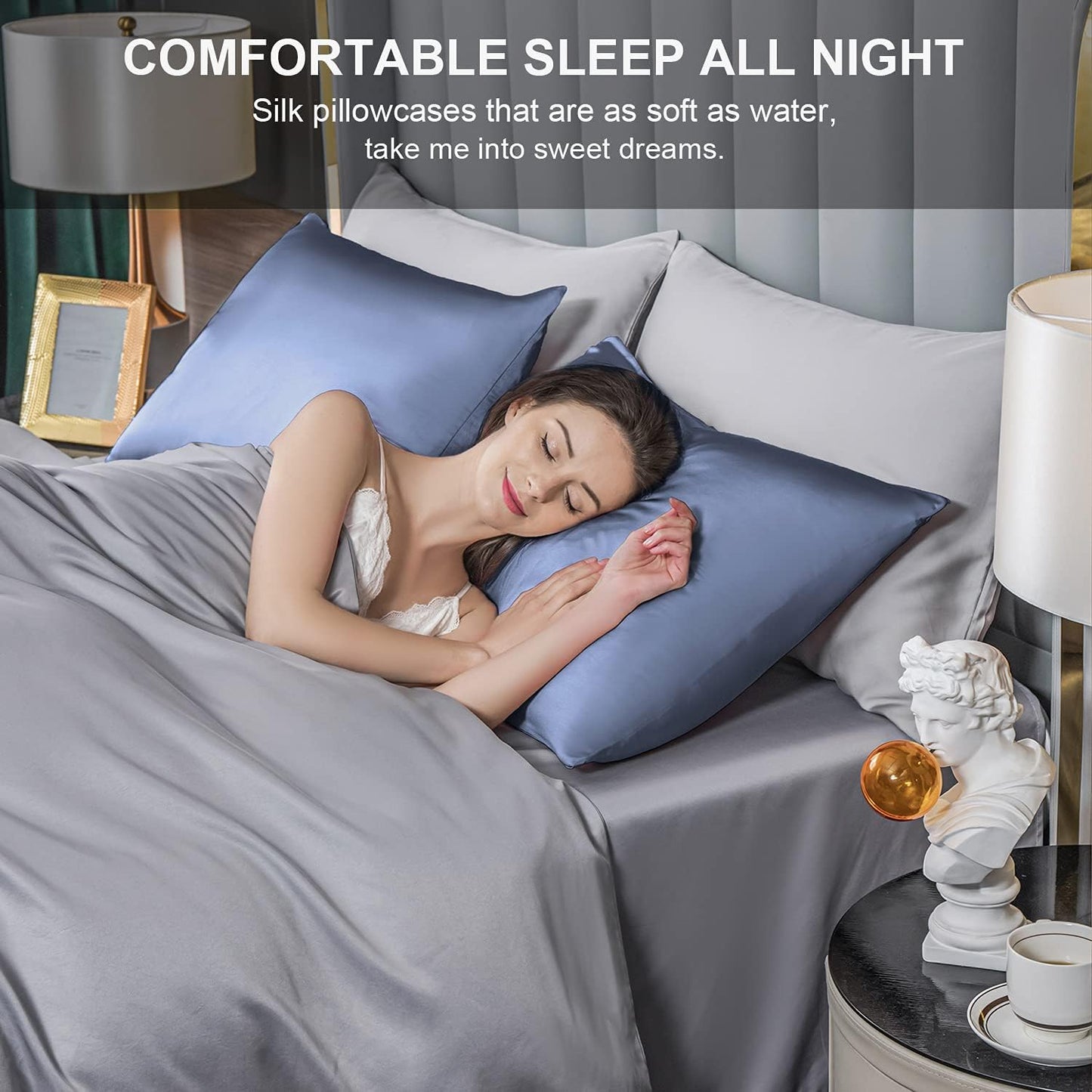 Mulberry Silk Pillowcase for Hair and Skin,King Size Cooling Silk Pillow Case with Hidden Zipper,Allergen Proof Dual Sides Soft Breathable Smooth Silk Pillow Cover for Women(King,Grayish Blue)