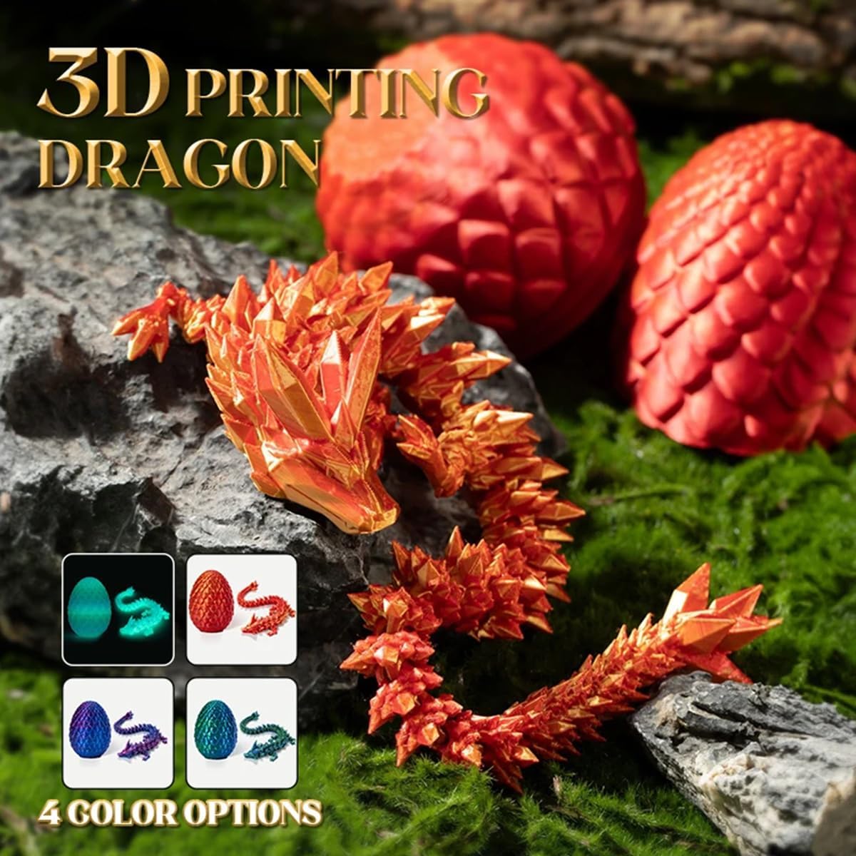 3D Printed Dragon in Egg, Full Articulated Dragon Crystal Dragon with Dragon Egg, Home Office Decor Executive Desk Toys, Adults Fidget Toys for Autism/ADHD (Laser Red, 12")
