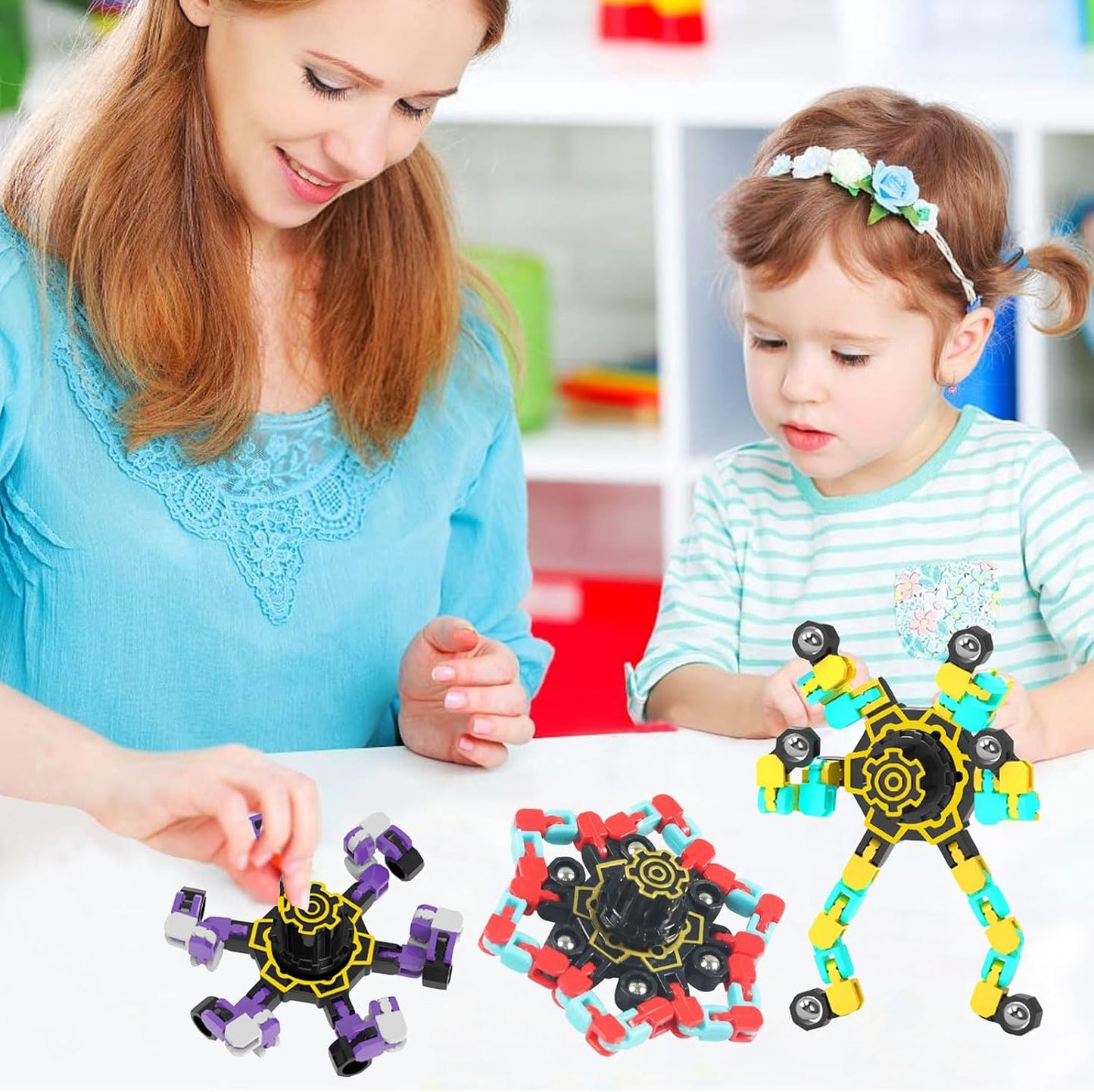 Transformable Fidget Spinners 4 Pcs for Kids Adults, Stress Relief Fidget Sensory Toys for Boys and Girls, DIY Fidget Spinners for ADHD Autism Birthday Party Favors, Gifts, Classroom Supplies Prizes