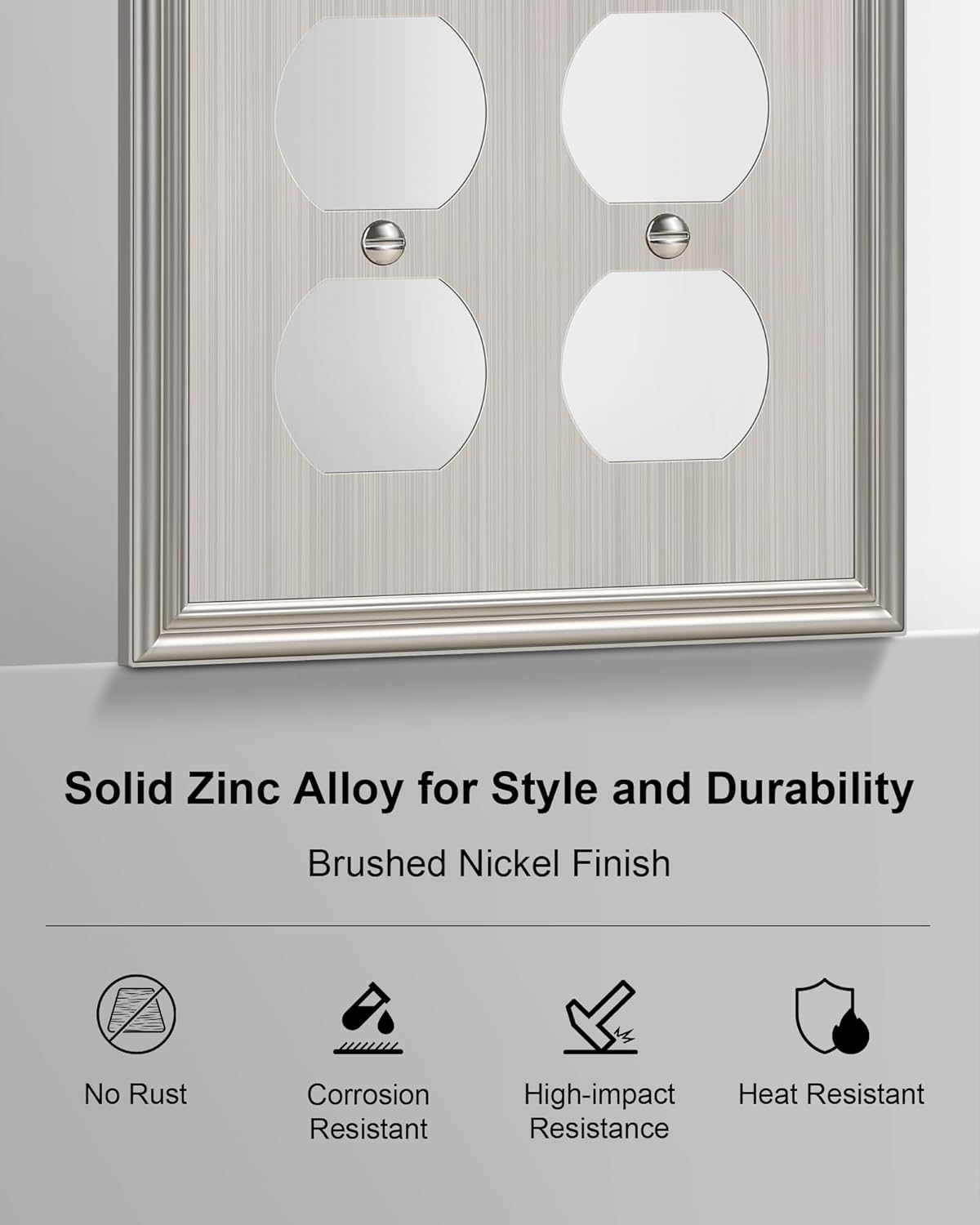 2-Pack Double Duplex Outlet Cover, Brushed Nickel Decorative Switch Plates and Outlet Covers for Electrical Outlets, Durable Zinc Alloy Wall Plates, 2 Gang Receptacle Cover