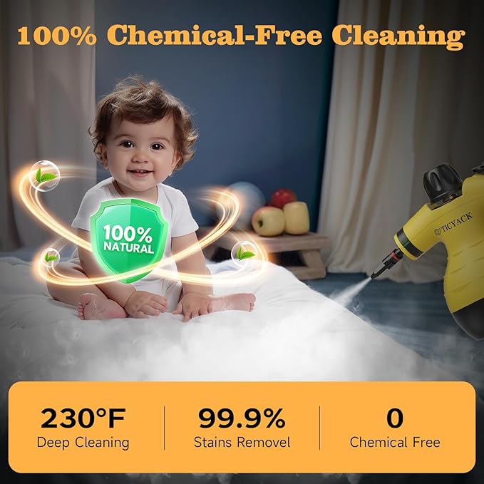 Steam Cleaner, Handheld Steam Cleaner, Steam Cleaner for Home with 16 Accessories and Automatic Steam Switch, Steamer for Cleaning Home, Living Room, Kitchen, Bathroom, Car (Yellow)