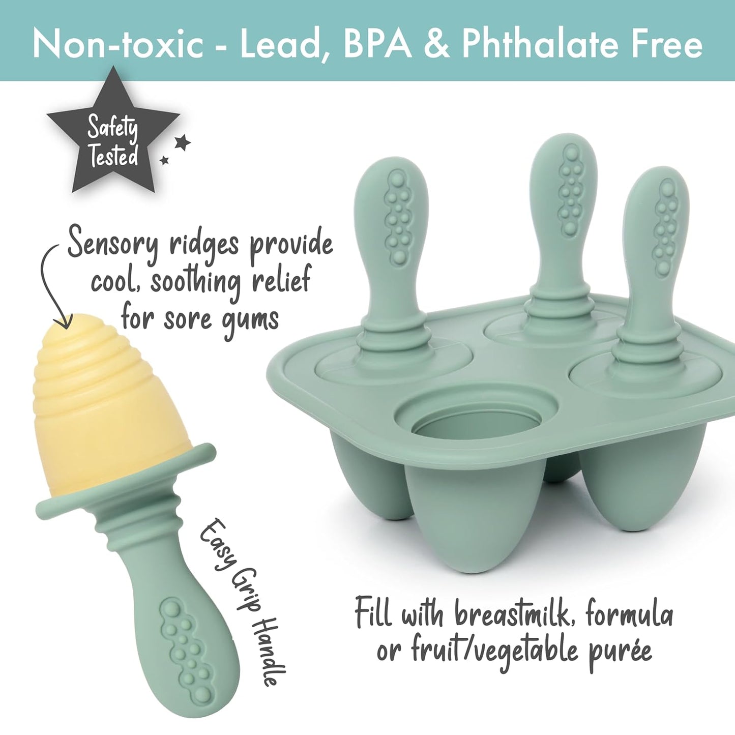 PrimaStella Silicone Petite Pops - Baby Popsicle Mold - BPA Free - Dishwasher Safe - 4 months+ (Sage Green Teether Pops)