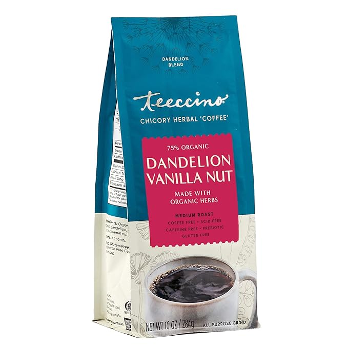 Teeccino Dandelion Vanilla Nut Herbal Coffee - Caffeine-Free Coffee Alternative with Prebiotics, Gluten Free, Acid Free - Medium Roast, 10 oz, Pack of 3