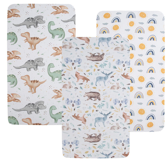 Pack n Play Sheet Stretchy Fitted Portable Mini Crib Sheets Set 3 Pack,Playard Sheets Convertible Playard Mattress Cover,Ultra Soft Jersey Material,Sun/Forest Deer/Dinosaur