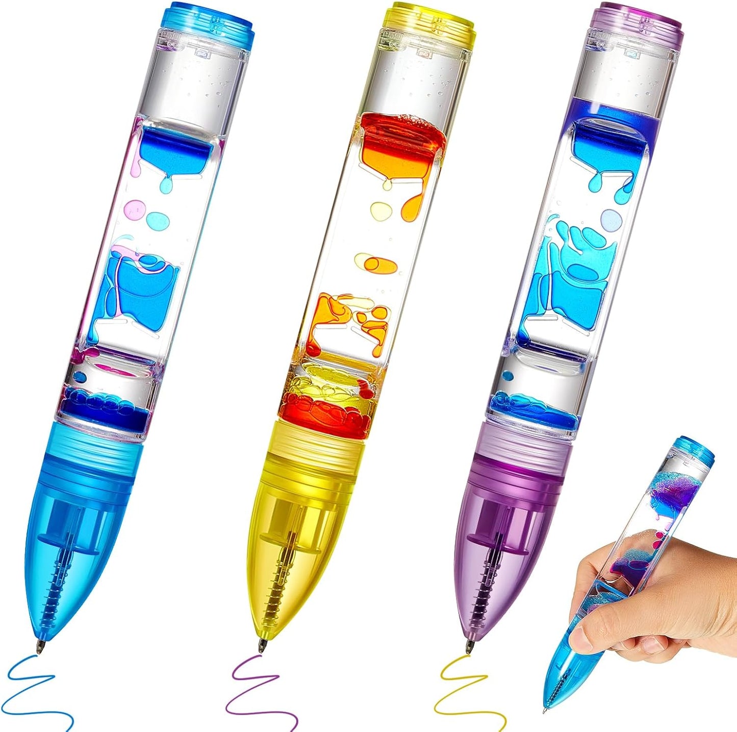 3 Pcs Liquid Motion Bubbler Pens Cool Pens Fidget Pen Fun Liquid Timer Pen Fidget Toys Office Desk Toys Novelty Gifts for Autism Adhd Anxiety Stress Relief Sensory Play (Blue, Purple, Yellow)