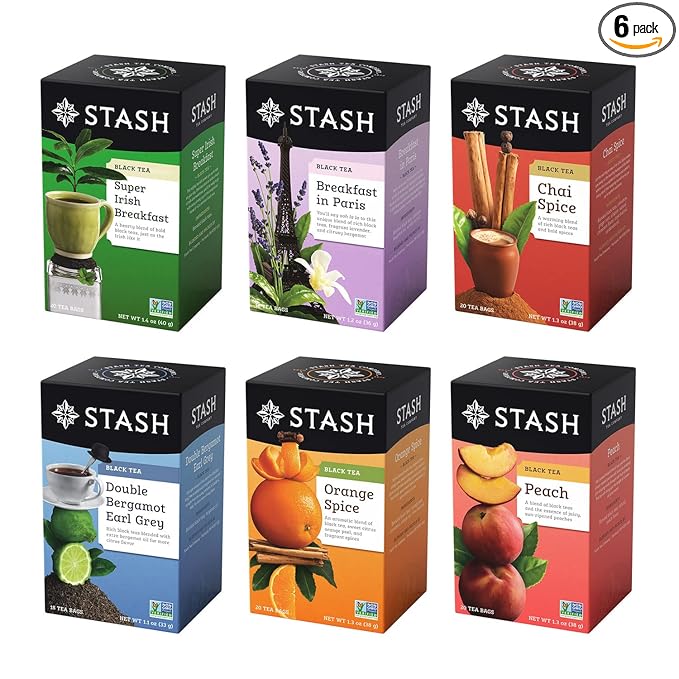 STASH Black Tea Variety Pack – Caffeinated, 6 Boxes of 18-20 Tea Bags Each – Orange Spice, Peach, Double Bergamot Earl Grey, Chai Spice, Super Irish Breakfast & Breakfast in Paris