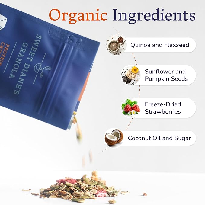 Sweet Diane’s Granola – Standard Size (12 oz): Organic, Low-Sugar, High-Fiber, Gluten-Free, Vegan, Delicious Breakfast and Snack Topper (Classic Size, Protein Crunch)