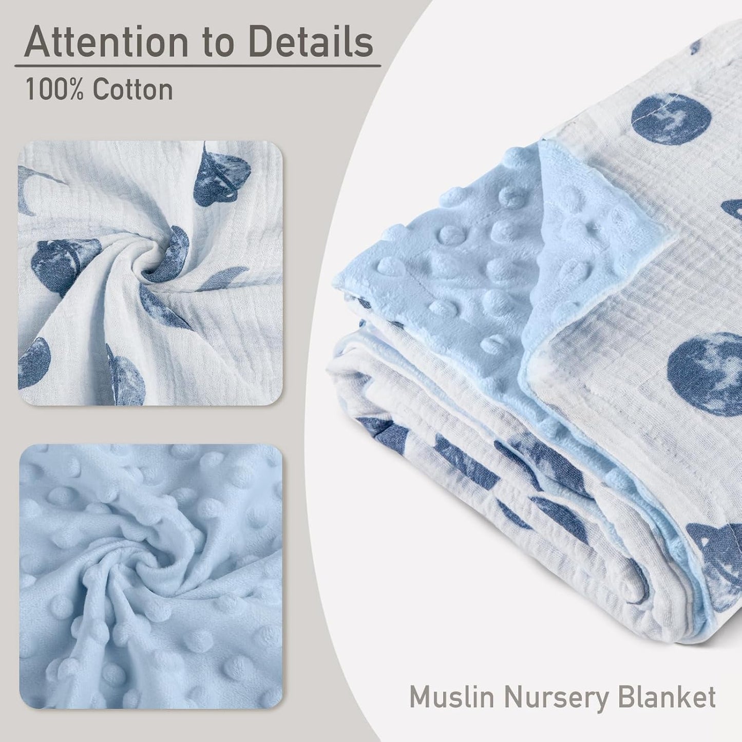 GLLQUEN BABY Blankets for Unisex Boys Girls, 2-Pack Muslin Cotton Front Soft and Breathable, and Dotted Fleece Backing, Printed Bed Nursery Minky Blankets for Toddler Newborn, Space, 30 x 40 inches