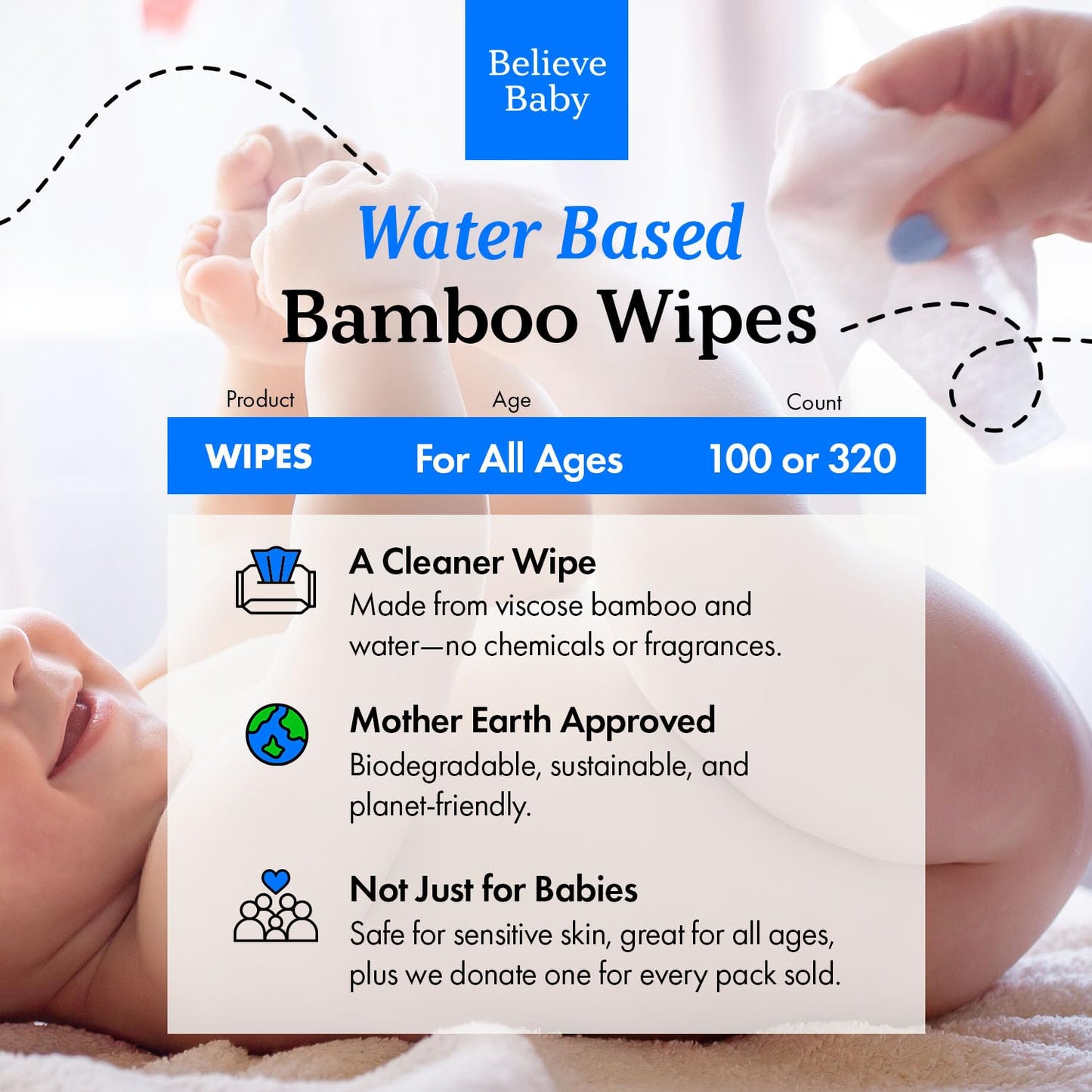 Believe Viscose Bamboo Baby Wipes Travel-Size 10pc-10 packs, Multi-Use Water Based Wipes Baby Sensitive Skin, Hypoallergenic and Fragrance Free for Babies – Gentle Plant-Based Viscose Bamboo Wet Wipe