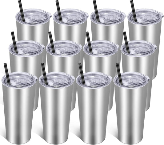 VEGOND 20oz Tumbler Bulk with Lid and Straw 12 Pack, Stainless Steel Vacuum Insulated Tumbler, Double Wall Coffee Cup Travel Mug, Stainless Steel