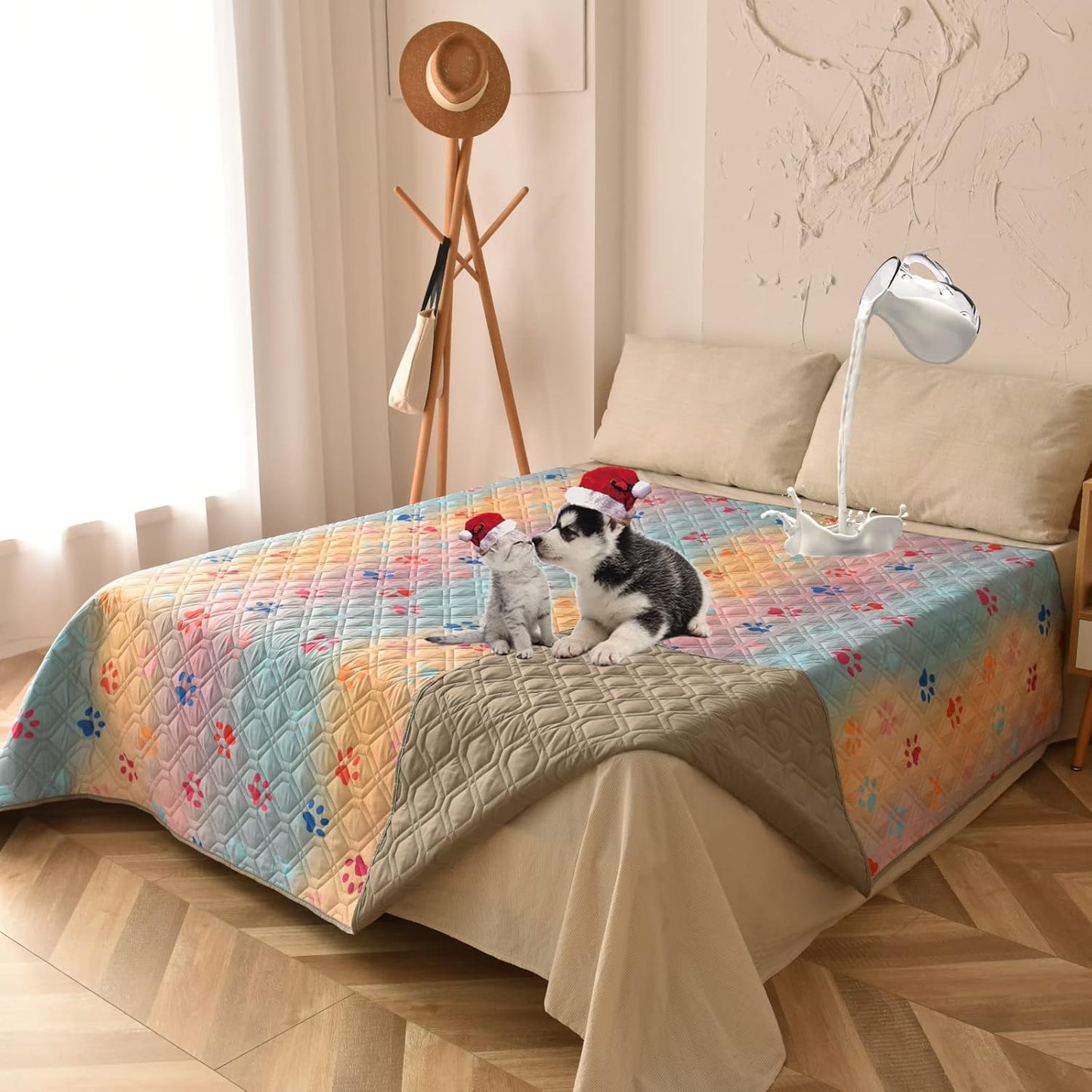 100% Waterproof Dog Bed Cover 68x82 inch Reversible Changing Pad Reusable Camping Mat for Kids/Pet/Dog/Cat Washable Geometric Embroidery Blanket Patchwork Rainbow Dog Paw Printed+Gray