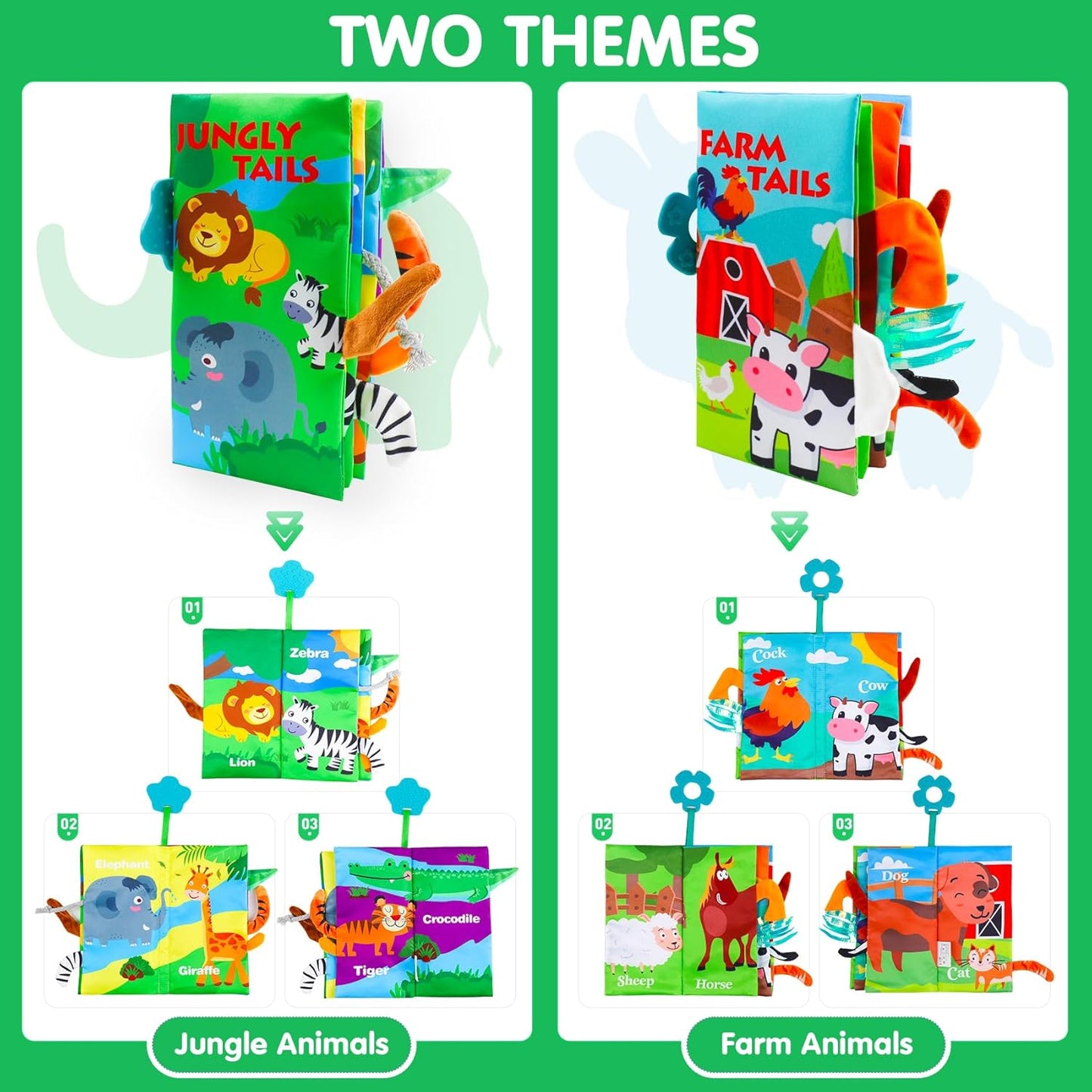 Baby Soft Cloth Crinkle Books Early Education Interactive Stroller Car Seat Sensory Toys with Tails Newborn Development Gifts for 0-6 Months Infants Toddler Baby Boys Girls(Jungle & Farm)