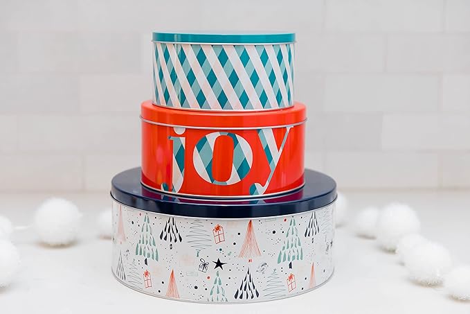 Steel Mill & Co Tin Containers with Lids, 3 Pack Christmas Cookie Tins, Festive Cookie Tins for Gift Giving & Holiday Treats, Round Metal Nesting Containers, Large Medium Small, Joy Plaid