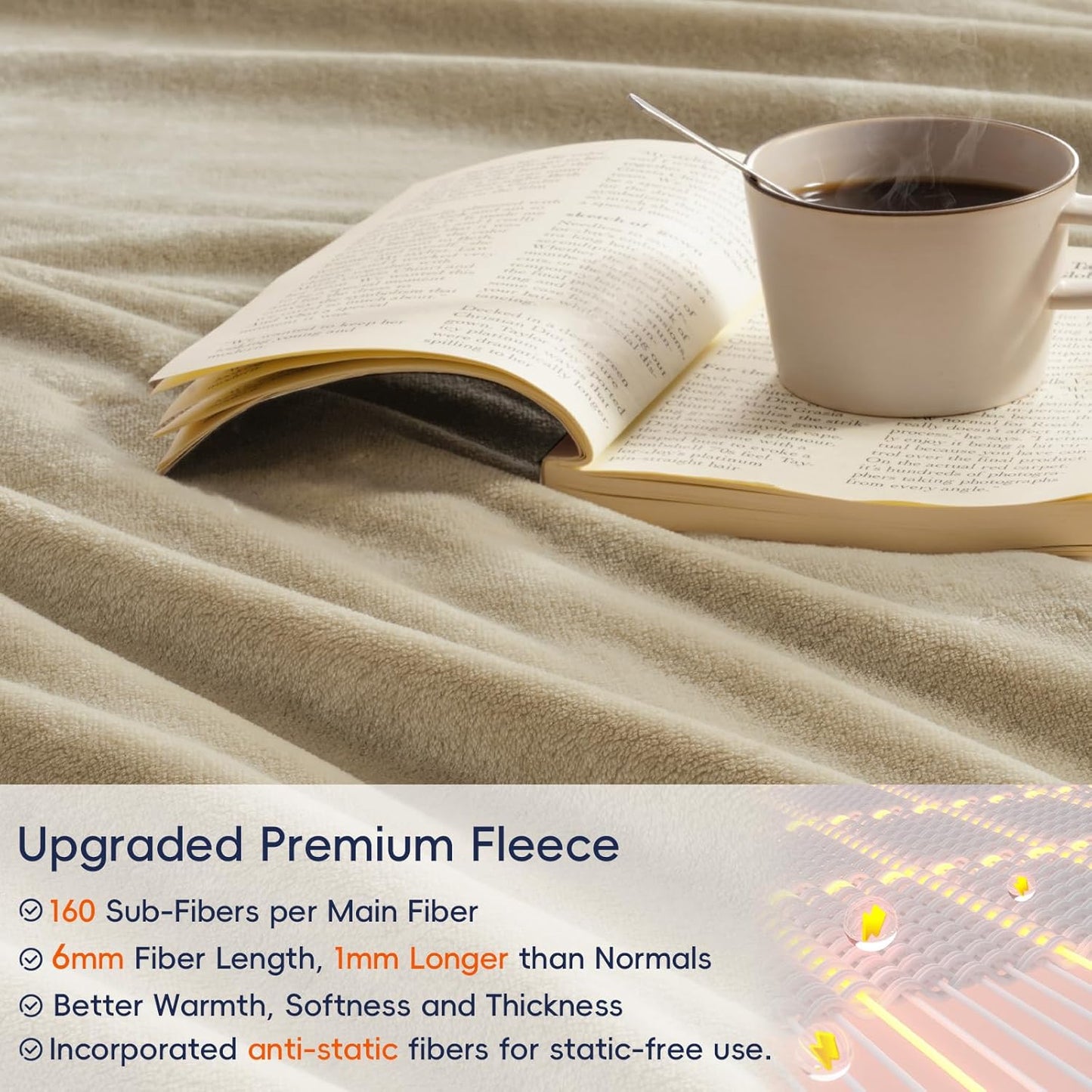 PHF Ultra Soft Fleece Blanket Queen Size, No Shed No Pilling Luxury Plush Cozy 300GSM Lightweight Blanket for Bed, Couch, Chair, Sofa Suitable for All Season, 90" x 90", Khaki