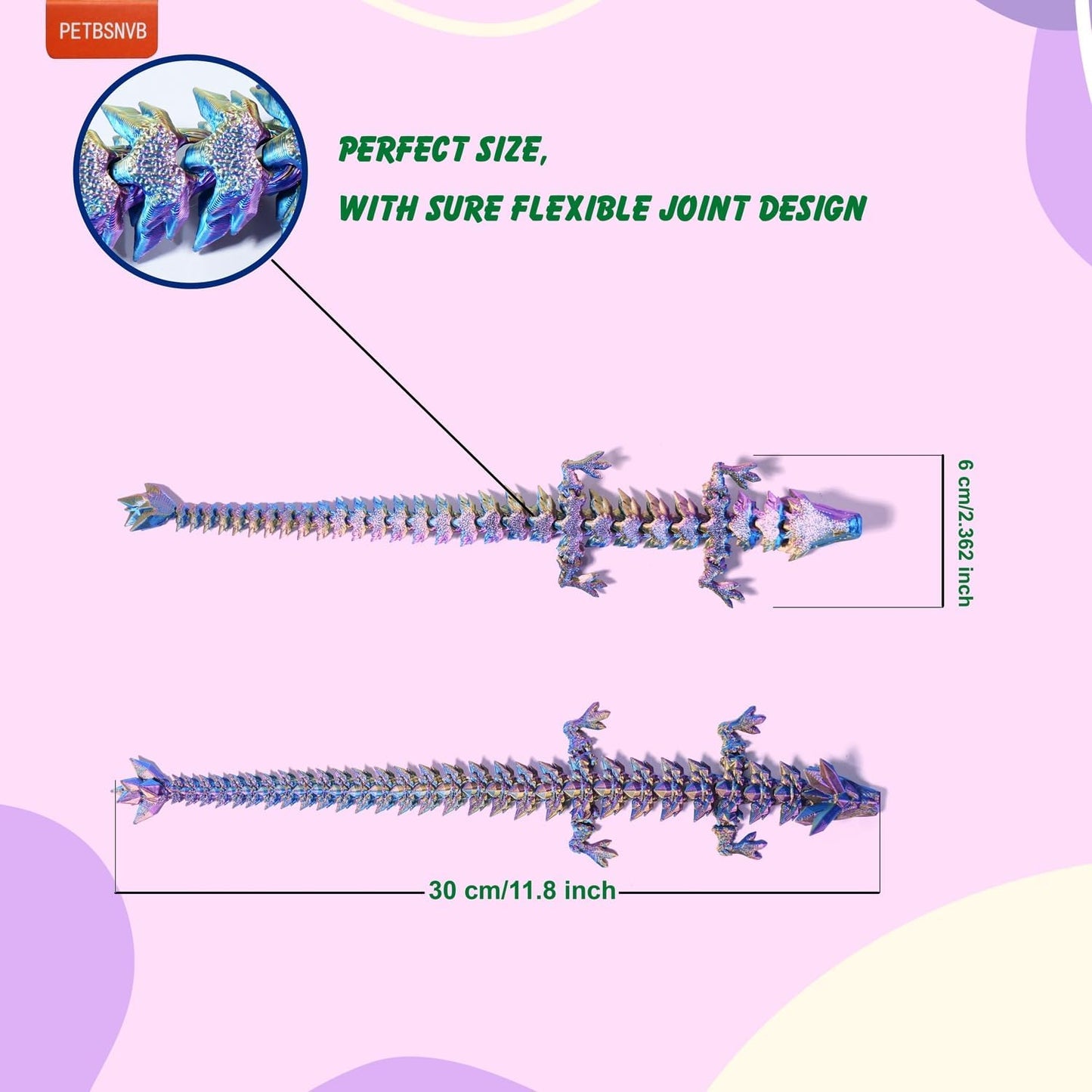 Three Color 12" 3D Printed Dragon, Articulated Dragon, Crystal Dragon, Dragon Fidget toy, Home Office Decor Executive Desk Toy (Purple Head)