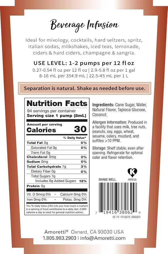 Amoretti - Coconut Beverage Infusion, 94 Servings Per Bottle (750 ml) - Drink Mix & Water Enhancer with Pump for Flavoring Cocktails, Waters, Teas, and other Beverages, Preservative Free