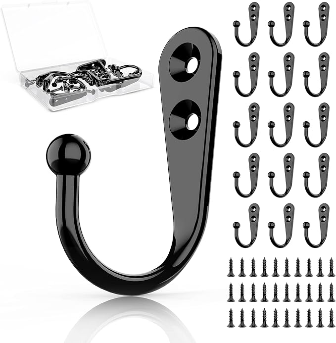 15Pcs Black Wall Mounted Coat Hooks, Hanger Hook with 30 Pieces Screws for Hanging Hat, Towel, Key, Robe, Coats, Scarf, Bag, Cap, Coffee Cup, Mugs