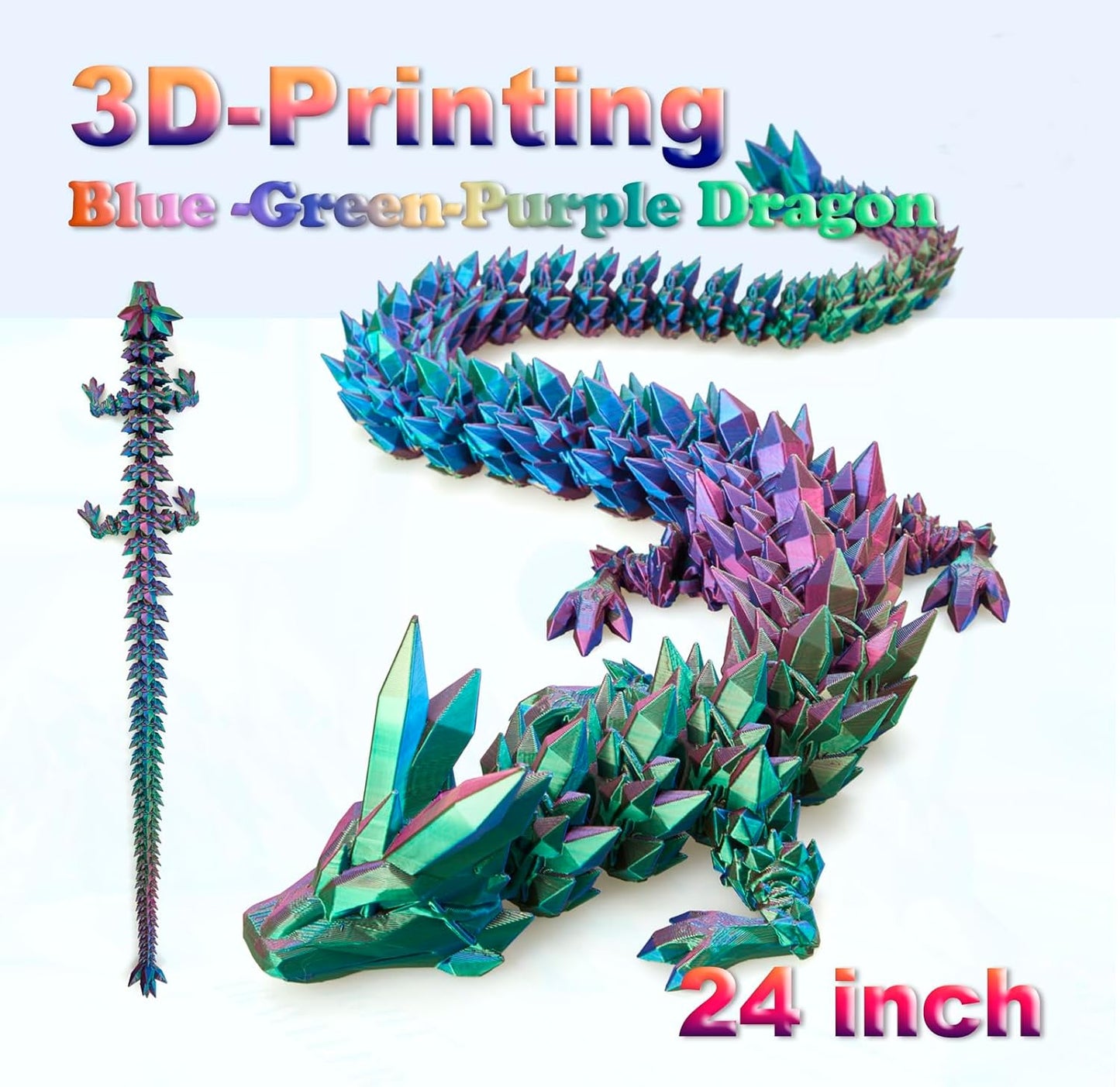 Large 24" 3D Printed Dragon,Articulated Crystal Dragon,3D Dragon Toy,Dragon Collection, Executive Desk Decor (Blue-Green-Purple