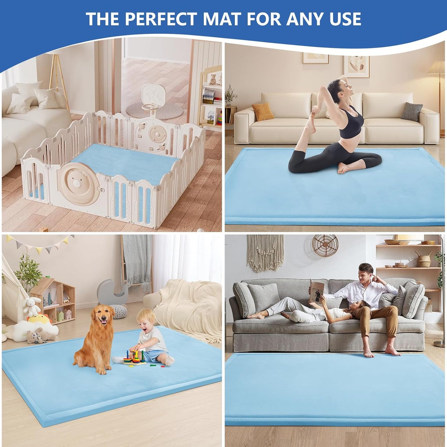 Baby Play Mat for Floor,1.3" Thick Memory foam Tummy Time Mat for Toddlers,Infants,kids,Water-Repellent Soft Nursery Rug,Extra Large Non Slip for Crawling&Yoga,Tatami Style for Living Room(Light Blue)
