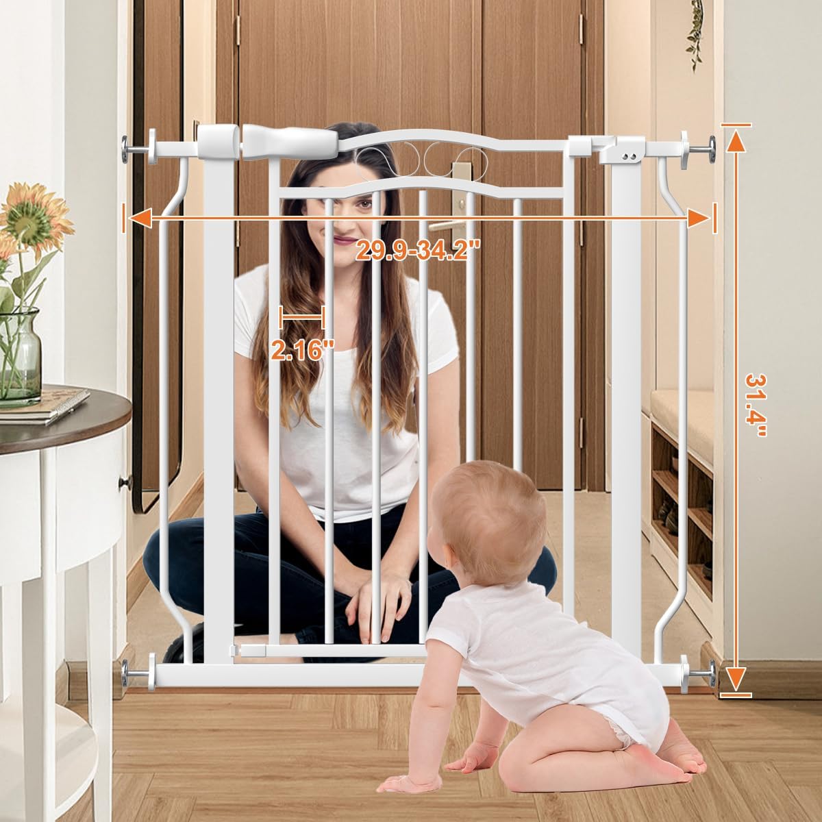 30" Tall Metal Narrow Baby Gate for Doorways No Drill 29.5-33.8" Wide, Auto Close Press Mounted Baby Gate Indoor for Kids, Walk Through Dog Gates for Stairs, White