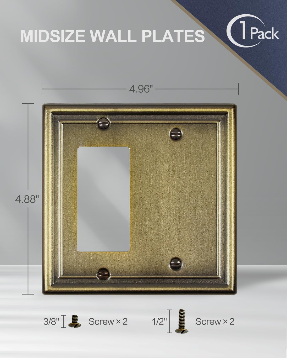 1-Pack Antique Brass Combination Decorator Rocker/Blank Wall Plates, Metal Switch Plates Outlet Covers, 2-Gang, 4.96''*4.88'', Midsize