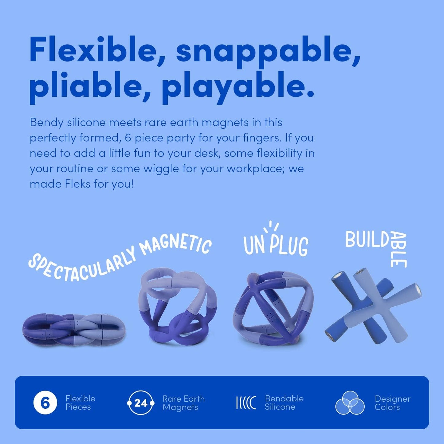Speks Fleks Silicone 6-Piece Building Set - Bluegrass - Fun Desk Toy for Adults