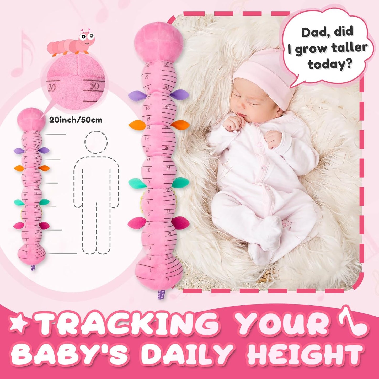 Baby Toys 0-6-12 Months,Infant Musical Stuffed Animals Activity Toys with Muti-Sensory Crinkle,Rattles,Baby Girl Toys Gifts for Newborn Tummy Time,Caterpillar,Pink