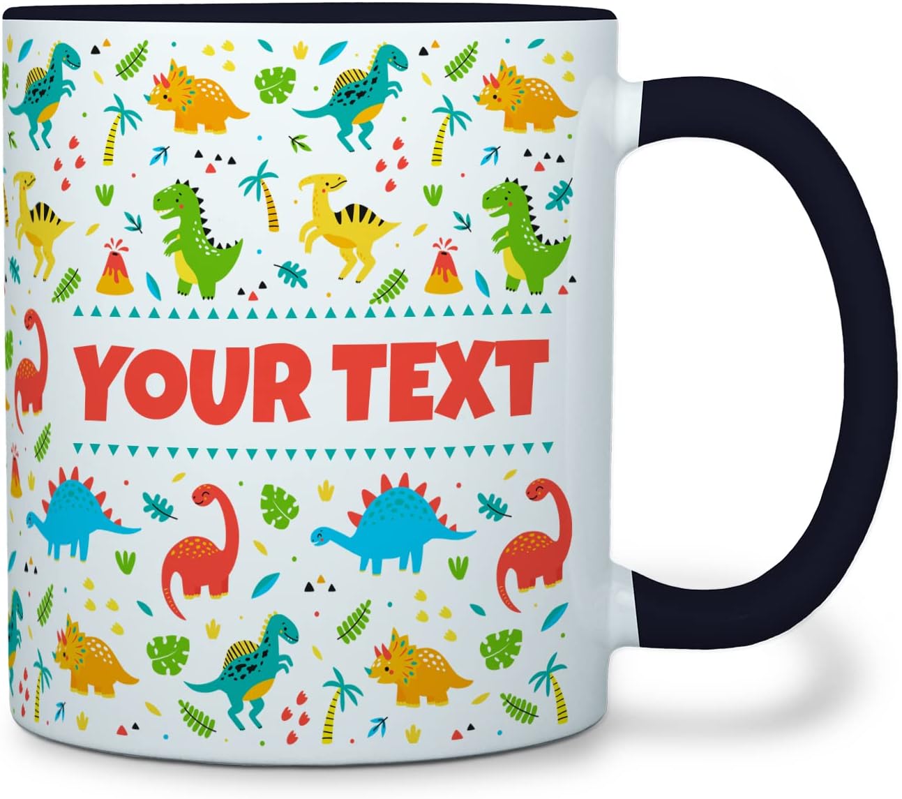 Personalized Mug for Kids - Dinosaurs - Custom Name/Text, Ceramic Hot Chocolate/Cocoa/Coffee Cup for Boys/Girls, Birthday/Christmas/Holiday Gift - 11 oz, Black Handle