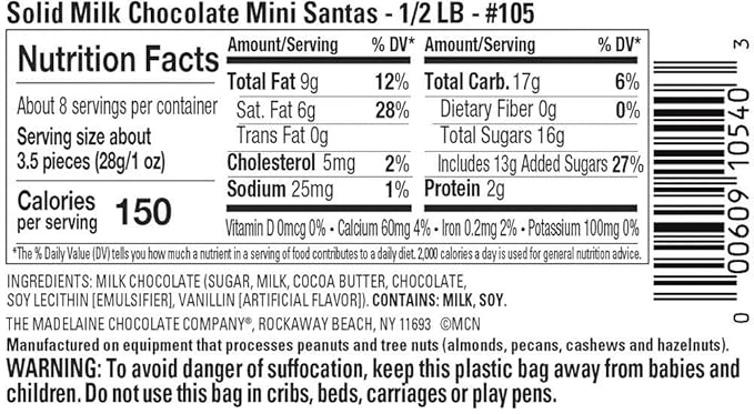 Madelaine Solid Premium Chocolate Mini Santas, (1/2 LB) Wrapped In Italian Foil Featuring Assorted Designs - (Half Pound)