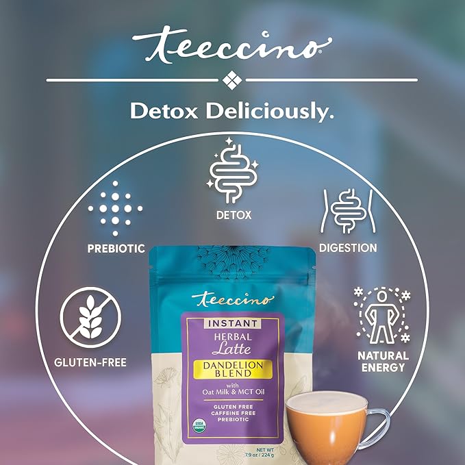 Teeccino Organic Instant Dandelion Herbal Latte – 14 Servings – Creamy Oat & Coconut Latte with a Blend of Roasted Chicory & Dandelion Roots – Gluten-free, Prebiotic, Caffeine-Free – 7.9 ounces