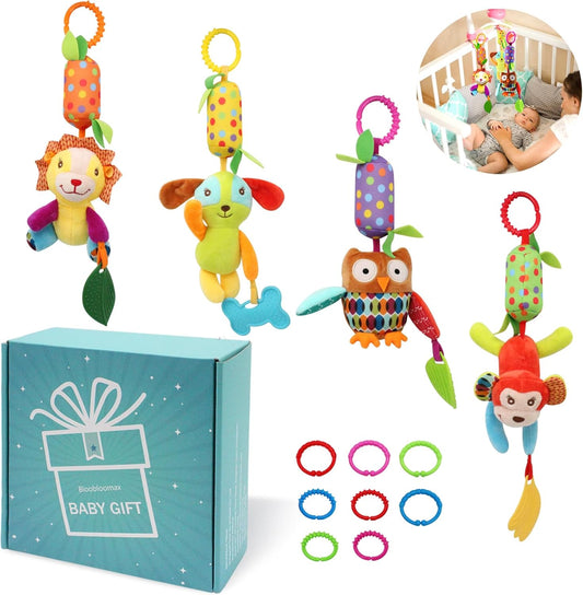 Bloobloomax Baby Soft Hanging Rattle, Car Seat Stroller Toys with Plush Animal C-Clip Ring for Infant Babies Boys and Girls 3 6 9 to 12 Months (12PCS-A)