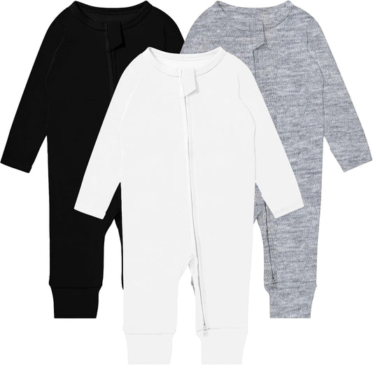 GUISBY Long Sleeve Cotton Pajamas Footless Baby Bodysuits with Zipper and Mittens 3-Pack for Boys Girls