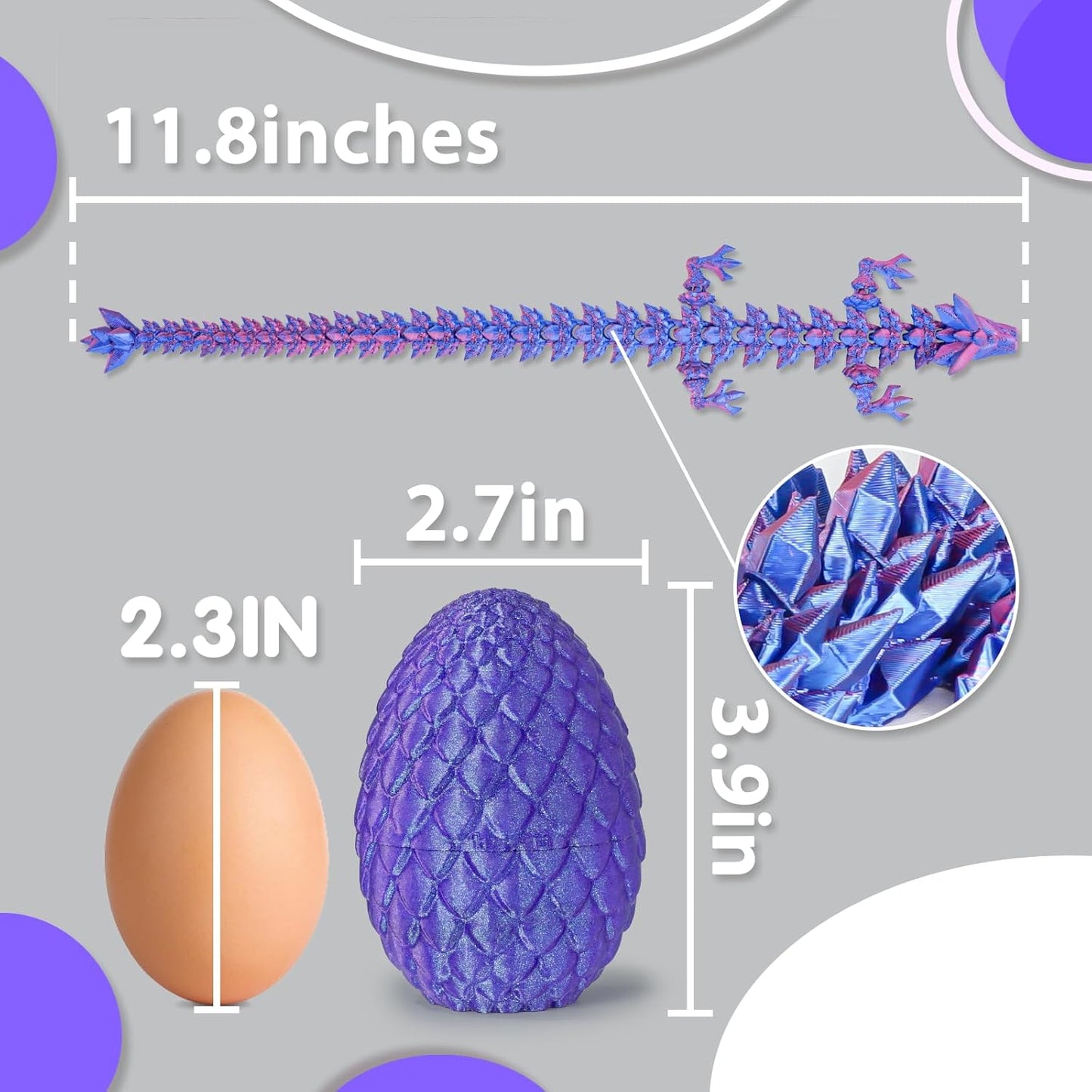 Small Dragon Eggs with Dragon Inside, 3D Printed Surprise Funny Gifts for Kids, Articulated Dragon Fidget Toys for Adults, Executive Desk Toys Office Room Décor (Shiny Purple)