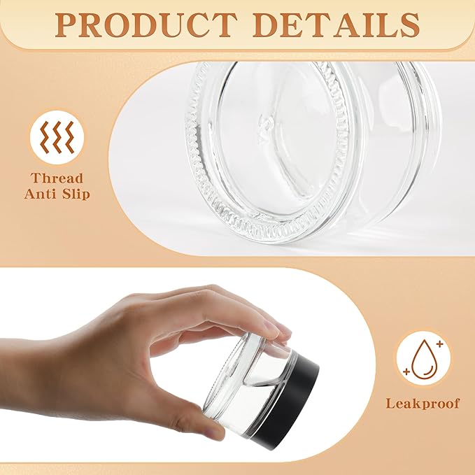 Glass Jars with Lids,Eco-Friendly Cosmetic Containers with Airtight Black Lids & Liners, Multi-Color Options for Cream, Lotion, Body Butter, DIY Skincare Travel Jars (Clear, 2oz)