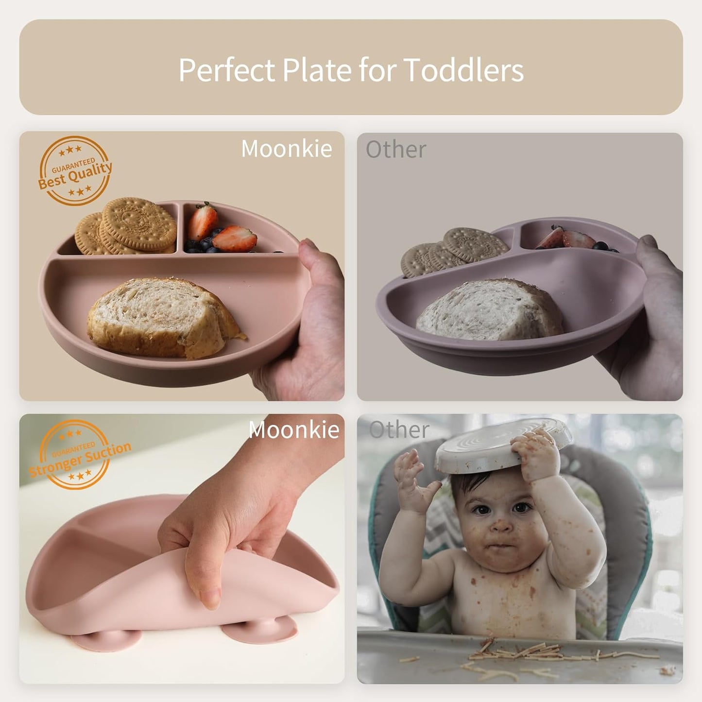 Moonkie Suction Plates for Baby | 100% Silicone BPA-Free Baby Plates| Divided Design | Microwave and Dishwasher Safe | Toddler Plates 3 Pack