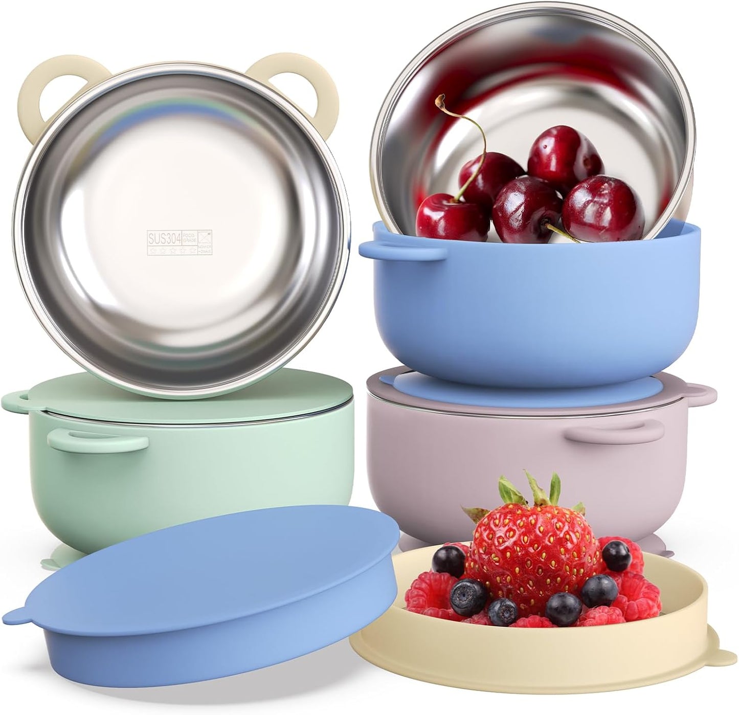 Baby Suction Bowls with Lids 4-Pack, 2-in-1 Stainless Steel 304 Toddler Bowl & Removable Silicone Suction Kids Bowl Plate Set Non Toxic Snack Dishes for Self-Feeding, Twilight Meadow