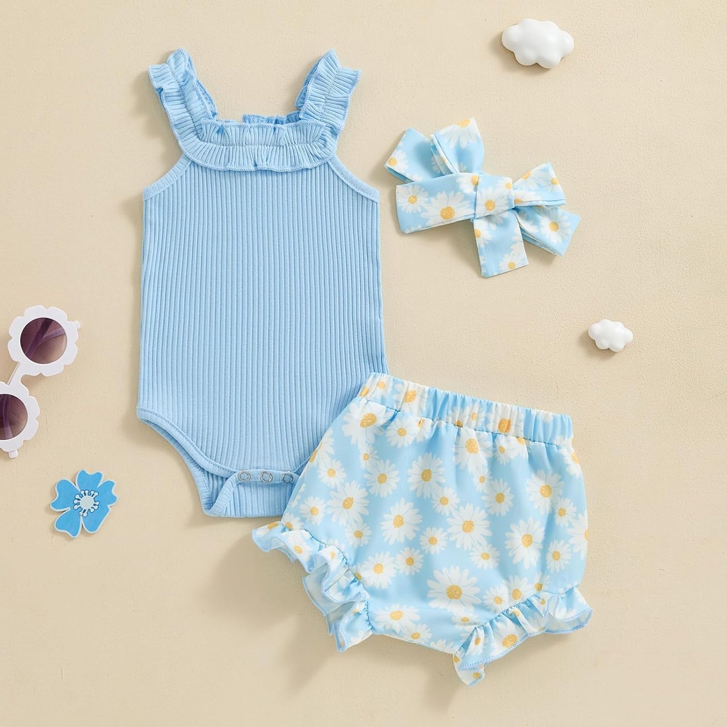 fhutpw Baby Girl Clothes Summer Cute Outfits 3 6 12 18 Months Spaghetti Strap Romper & Floarl Shorts Sets