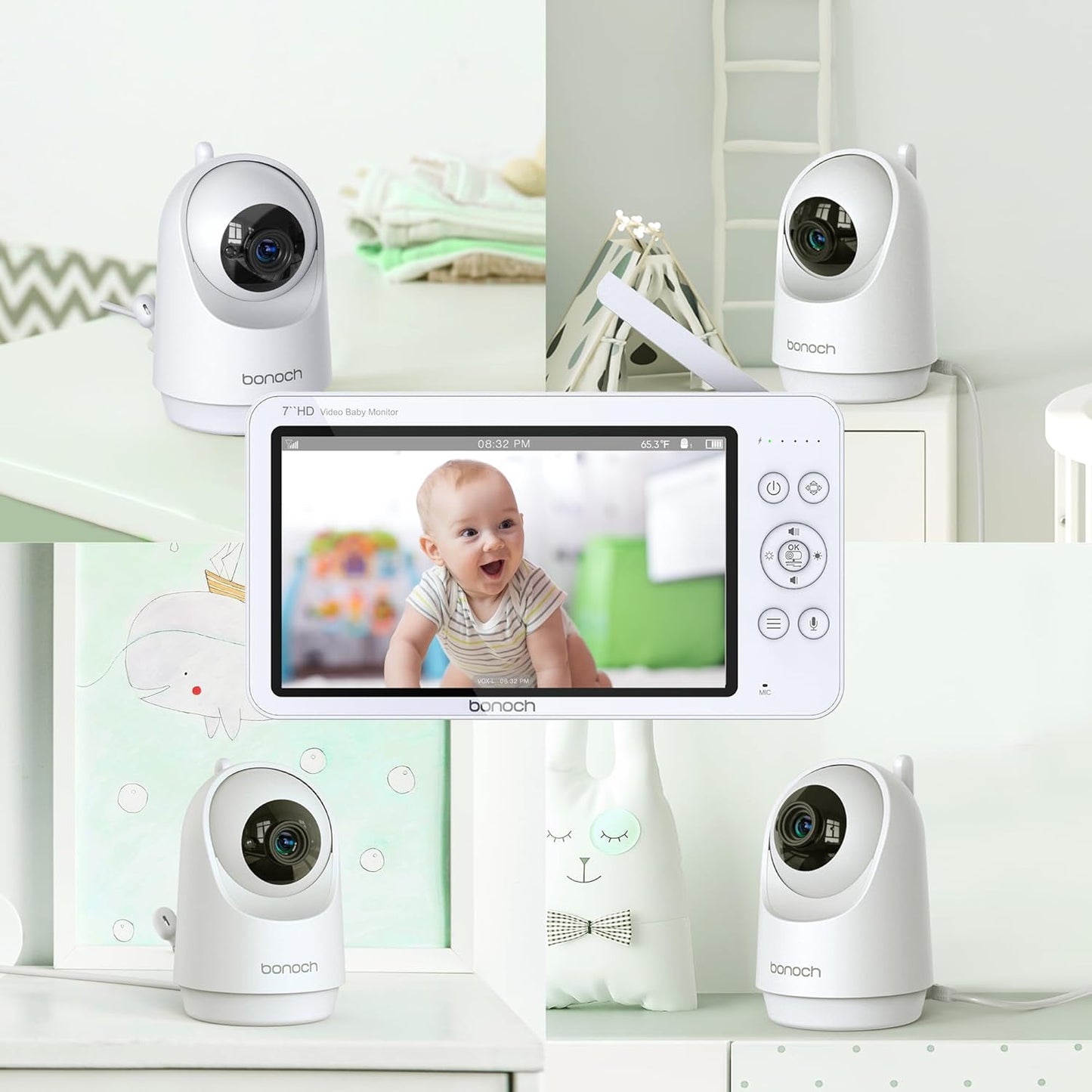 bonoch Add-on Baby Camera Unit for BBM01/ BBM03/ BBM05, 720p HD Video Baby Monitor Camera No WiFi, Security Split-Screen, Auto Night Vision, 4X Zoom, 2-Way Audio, Temperature Sensor, 8 Lullabies