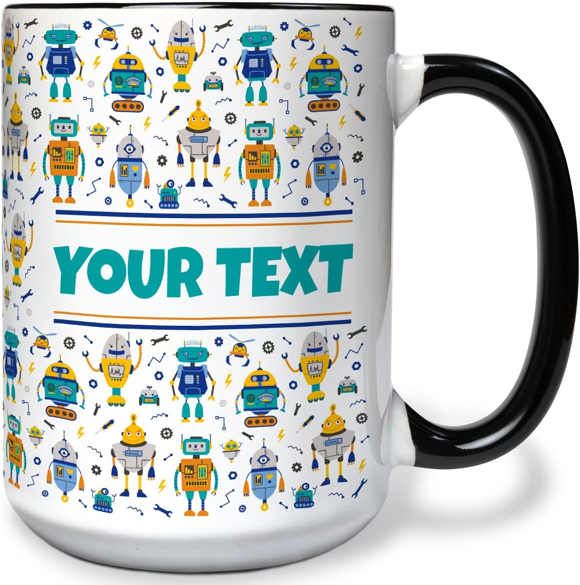 Personalized Mug for Kids - Robots - Custom Name/Text, Ceramic Hot Chocolate/Cocoa/Coffee Cup for Boys, Birthday/Christmas/Holiday Gift - 15 oz, Black Handle