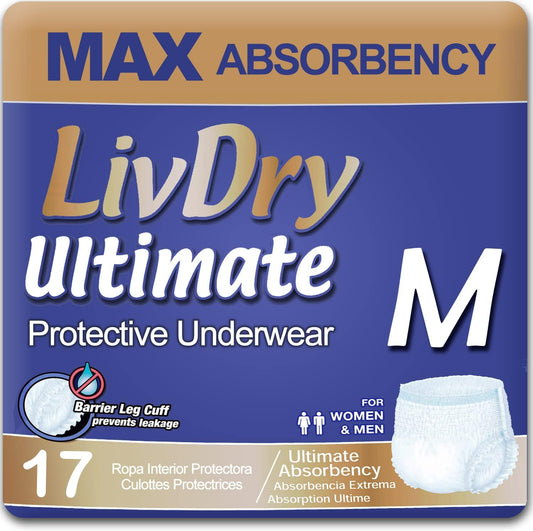 LivDry Ultimate Adult Incontinence Underwear, Max Absorbent Adult Diapers with Leak Protection, Medium, 17-Pack