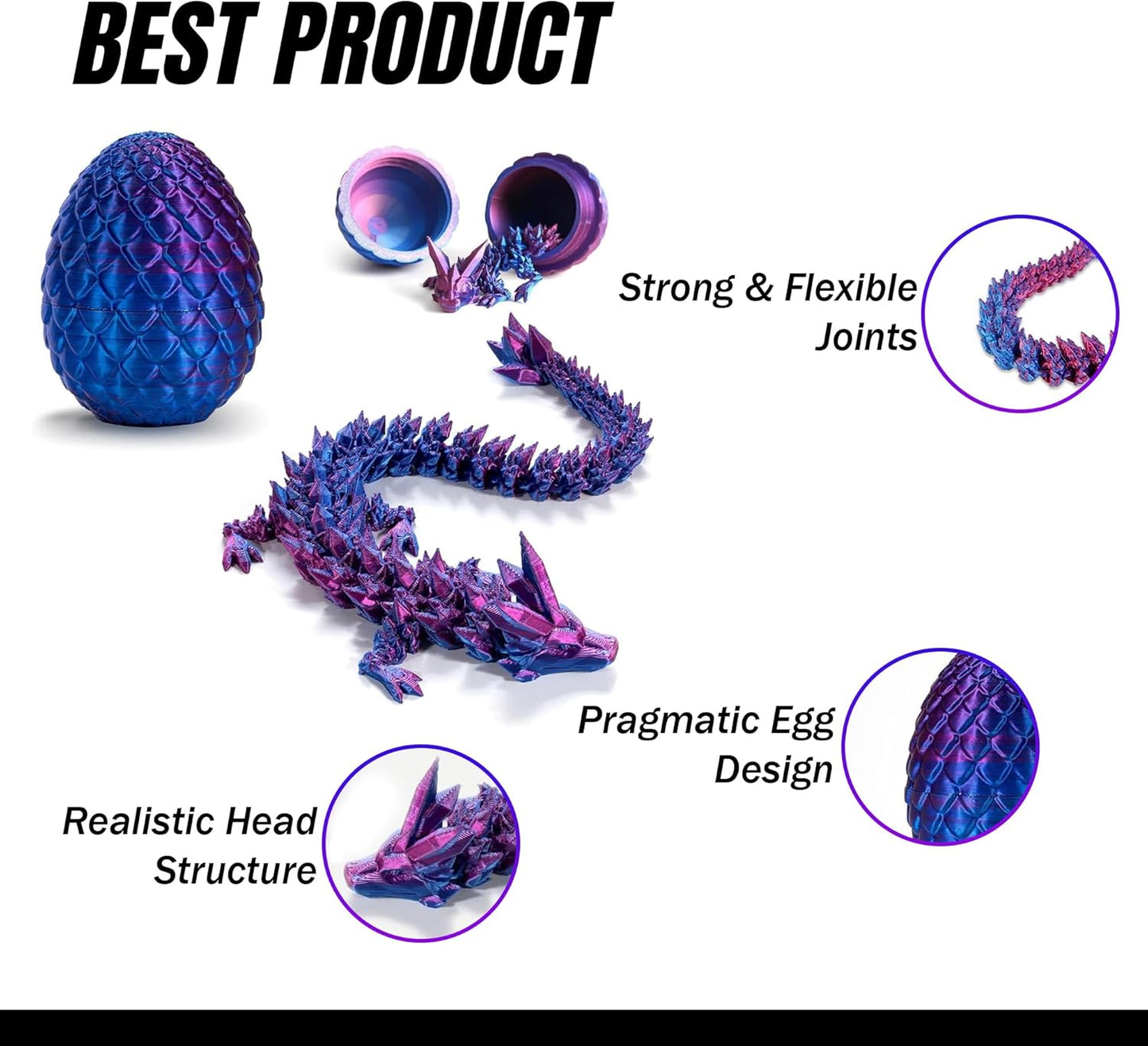 3D Printed Dragon in Egg, Full Articulated Dragon Crystal Dragon with Dragon Egg, Home Office Decor Executive Desk Toys, Adults Fidget Toys,12 Inches. (Laser Purple)