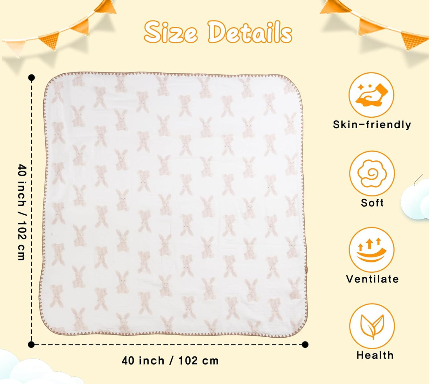 Baby Blanket Double Layer Cotton 40 x 40 Soft Receiving Blanket with Pattern Machine Washable Bunny