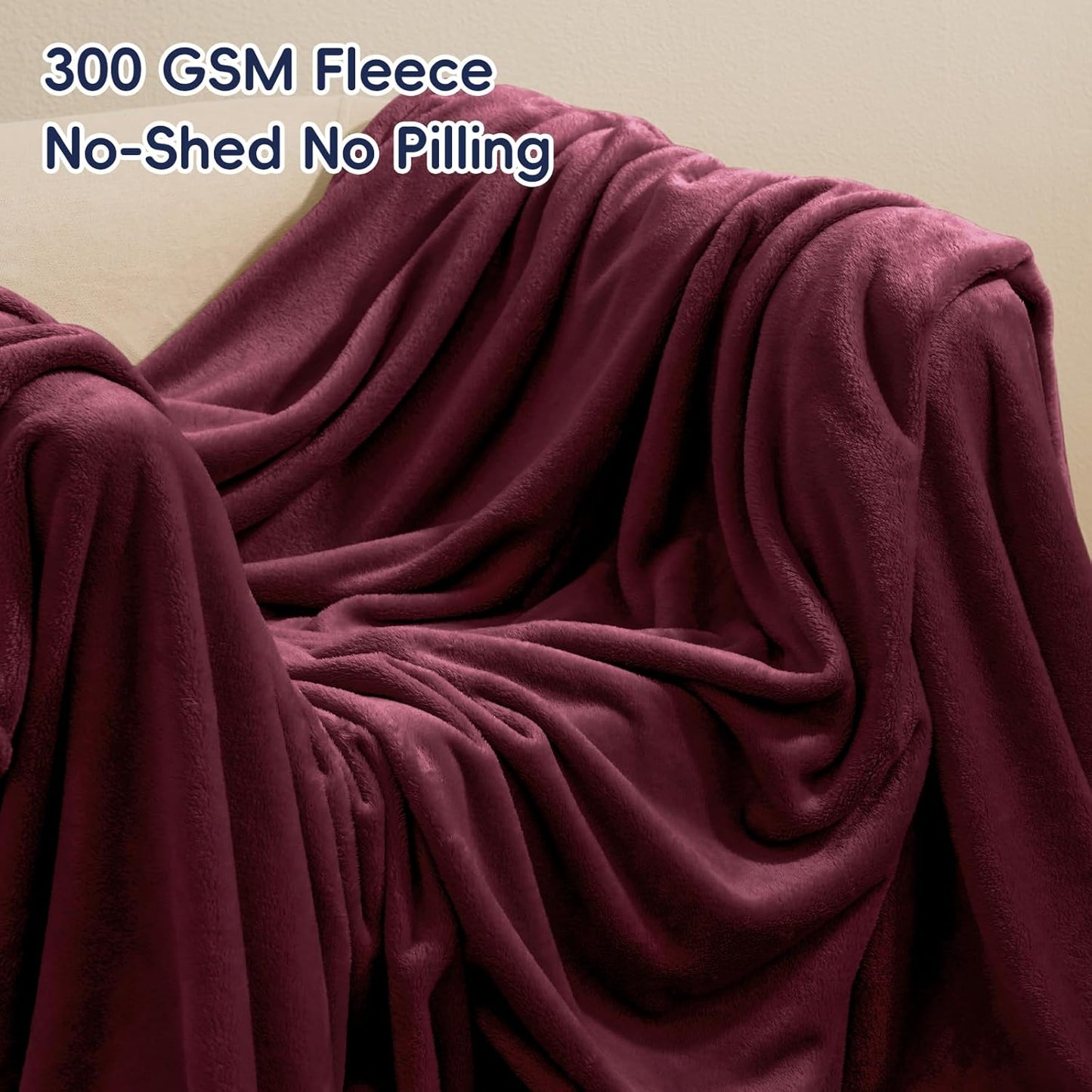 PHF Ultra Soft Fleece Blanket Queen Size, No Shed No Pilling Luxury Plush Cozy 300GSM Lightweight Blanket for Bed, Couch, Chair, Sofa Suitable for All Season, 90" x 90", Wine Red/Burgundy