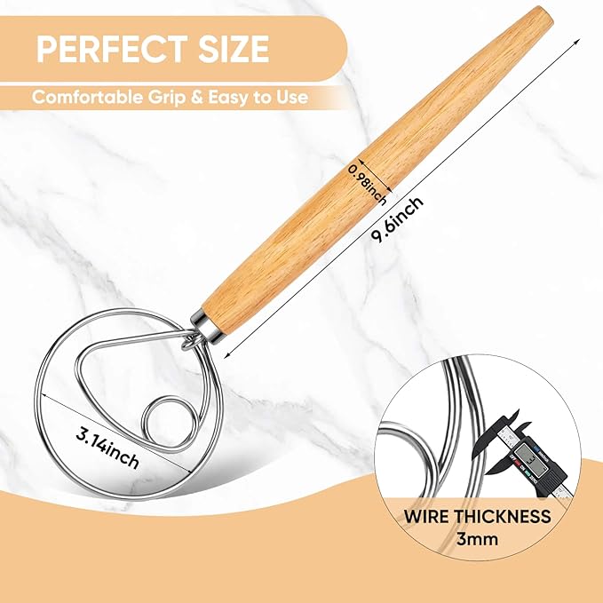 Maxjoy Danish Dough Whisk Wooden Dutch Bread Mixer with Stainless Steel Hook for Sourdough Baking Hand Tool
