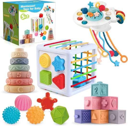SpringFlower 5 in 1 Baby Toys 6 to 12 Months, Montessori Toys, Soft Baby Teething Toys, Sensory Bin Toy, Stacking Building Blocks & Rings Infants,Sorting Sensory Learning Gift for Toddlers Aged 1-3