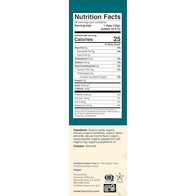 Teeccino Dandelion Mocha Mint Herbal Coffee - Caffeine-Free Coffee Alternative with Prebiotics, Gluten Free, Acid Free - Medium Roast, 10 oz