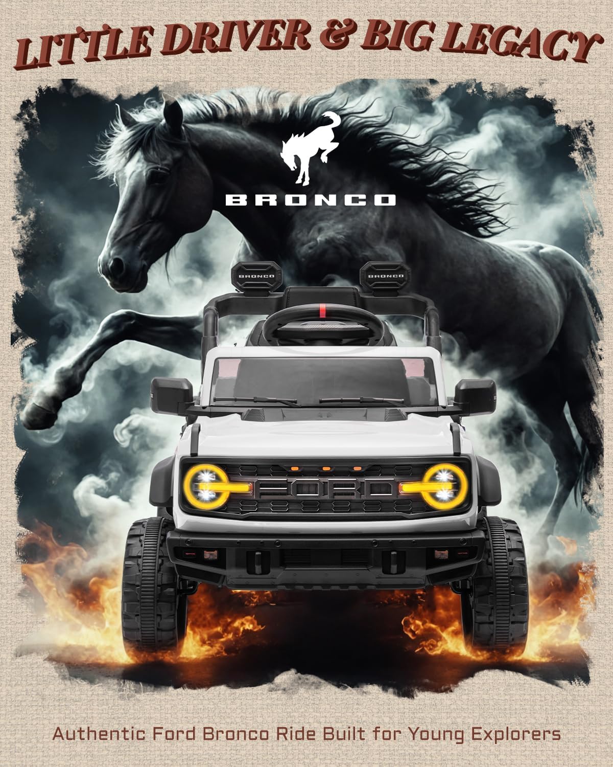 Ford Bronco Raptor 12V Toddler Ride on Toys, Safe Kids Ride on Truck with Remote Control, Children Electric Cars with 4 Wheels Suspension, Radio, Music, Bluetooth (12V, White)