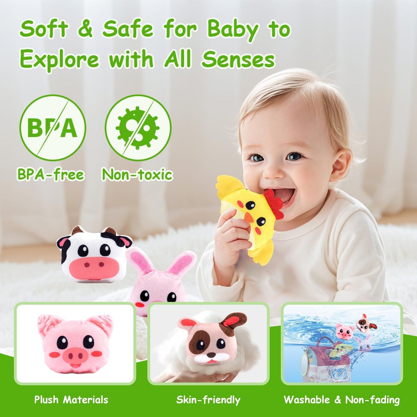 Baby Toys 6-12 Months, Soft Barn Toy with 6 Stuffed Farm Animals, Rattle, Crinkle, Mirror, Sensory Toys for Toddlers 1-3, 6 7 8 9 10 Month Old Baby Toys, Montessori Toys Gift for 1 Year Old Boy Girl